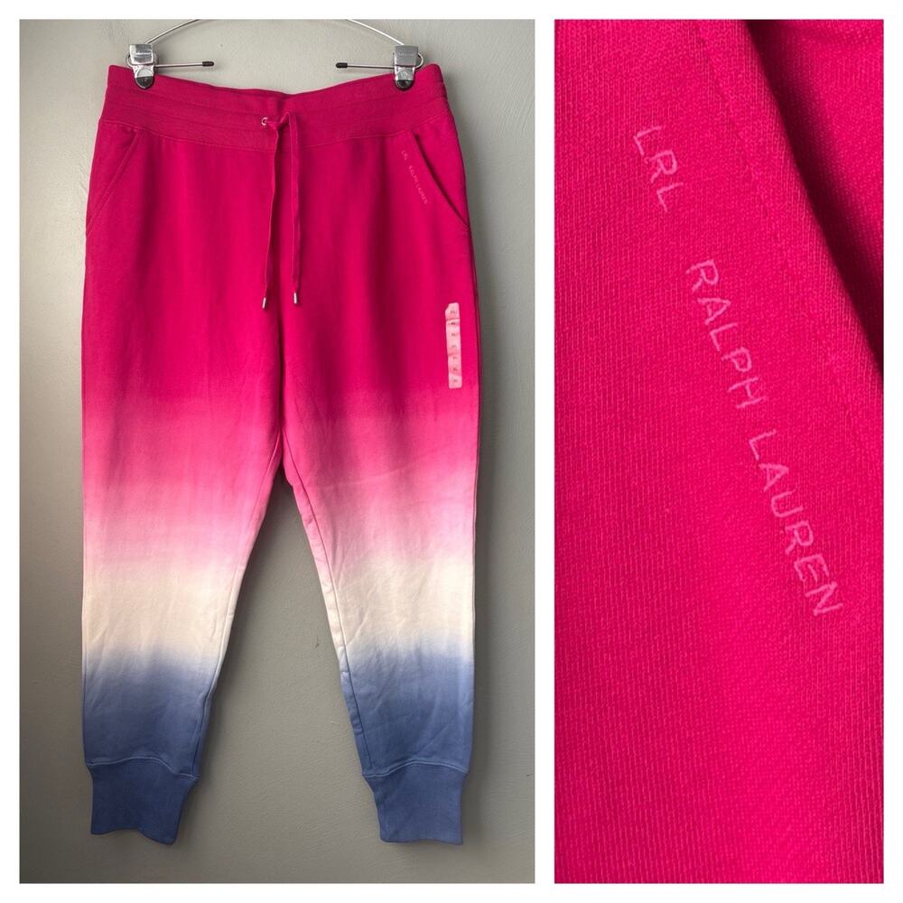 Ralph Lauren Sweats Pants Size XL Pink Ombre Drawstring Joggers Dip Dye Terry
